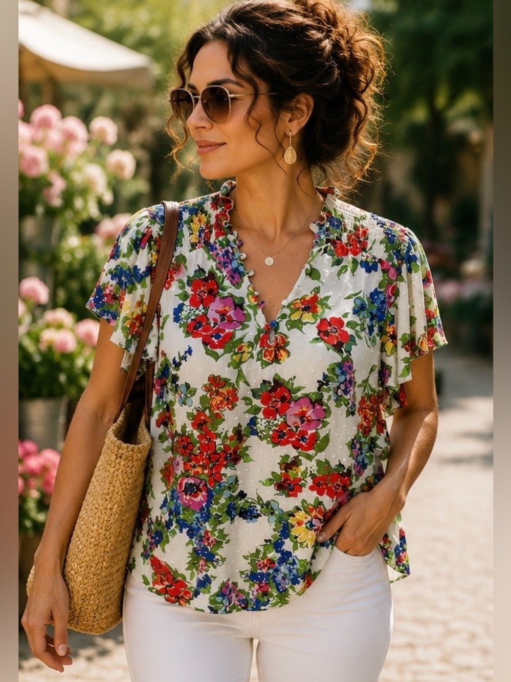 Dear John White Floral Ruffle V-Neck Blouse